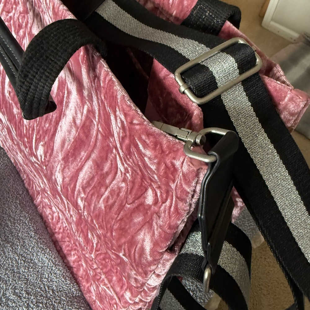 Luxurious Pink Velvet Tote Bag with Black Accents ,comes with tassel and strap